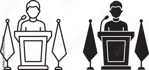 Two black and white silhouettes of people speaking at podiums with microphones and flags also transparent background