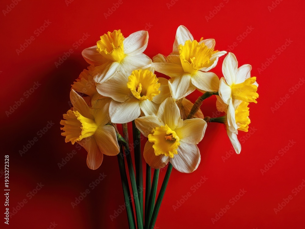 Obraz premium daffodils bouquet easter isolated on a red background