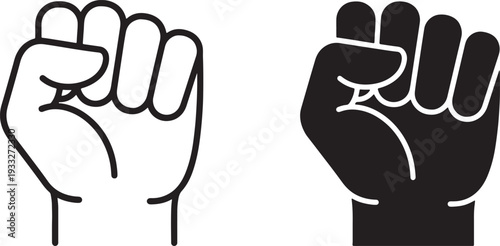 Two clenched fists one outlined one solid black on white background also transparent background hand