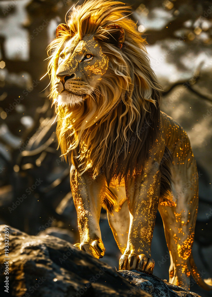 Fototapeta premium majestic lion standing on a rock in the savannah at sunset with a beautiful golden light shining on