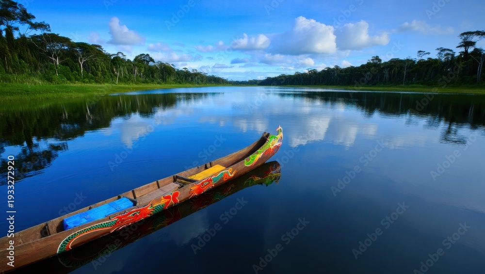 Obraz premium Traditional Dragon Canoe on a Tranquil Amazonian River