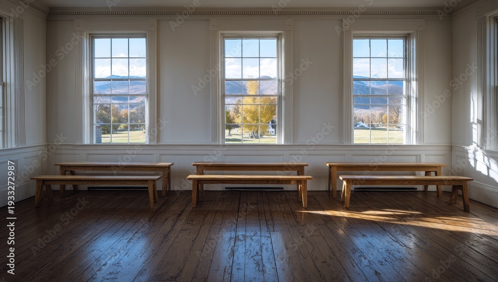 Fototapeta premium Sunlit Benches by Windows - Serene Interior with Natural Light.