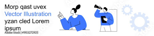 Innovation, teamwork, brainstorming, analysis, observation, planning. Two abstract figures, one pointing and one looking through a telescope with gear icons. Innovation and teamwork concept