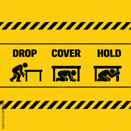 immediately Drop to your hands and knees, Cover your head and neck under sturdy furniture, and Hold On until shaking stops.