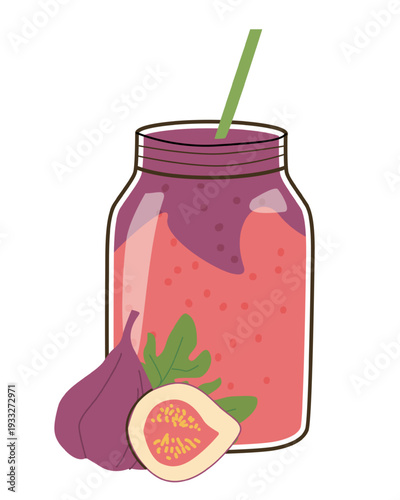 Fig smoothie in a jar, cartoon doodle vector illustration isolated on white. Sweet fruit milk cocktail, natural and healthy summer beverage.