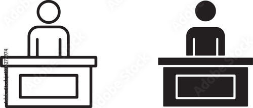 Two simplified human figures standing behind reception desks one outlined one solid black also transparent background