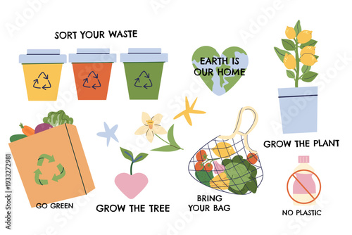 Cartoon flat Eco elements and slogans, quotes for environment theme. Bring your bag, no plastic, go green and sort waste. Eco friendly vector illustration.