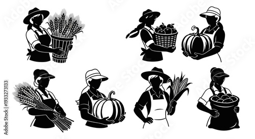 Farmer Silhouettes Harvesting Crops Baskets.