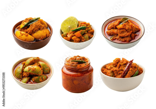 Assortment of Indian pickles (achar) in bowls and a jar, featuring mango, lime and mixed vegetable varieties with spices, oil and green chilies on a transparent background