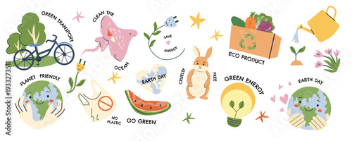 Ecology element collection with tree, ocean animal, animal care icon and renewable energy symbols. Sustainable planet protection vector set.