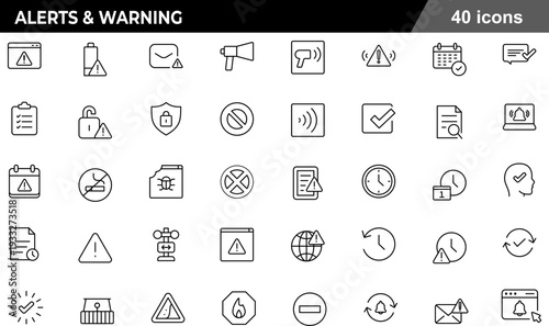 Alerts and Warning Thin Line Icons Set System Notifications, Risk Management, Safety Hazards, Digital Security Alerts and Emergency Response Symbols for Critical Communication