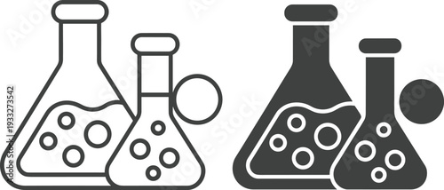 Black and white vector illustration of laboratory flasks with bubbling liquid, chemistry science experiment equipment, educational icon design for stock content
