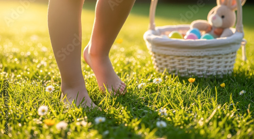 A child's bare feet standing on grass next to an easter basket