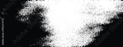 Abstract vector rough grunge halftone texture on white background. High contrast monochrome graphic stippled gradient, distressed grain.