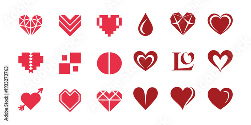 Romantic red and pink heart icons collection for Valentine love design