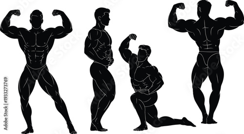 Bodybuilder silhouettes set with muscular men posing bodybuilding fitness strength training athlete vector illustration collection isolated gym sports design pack