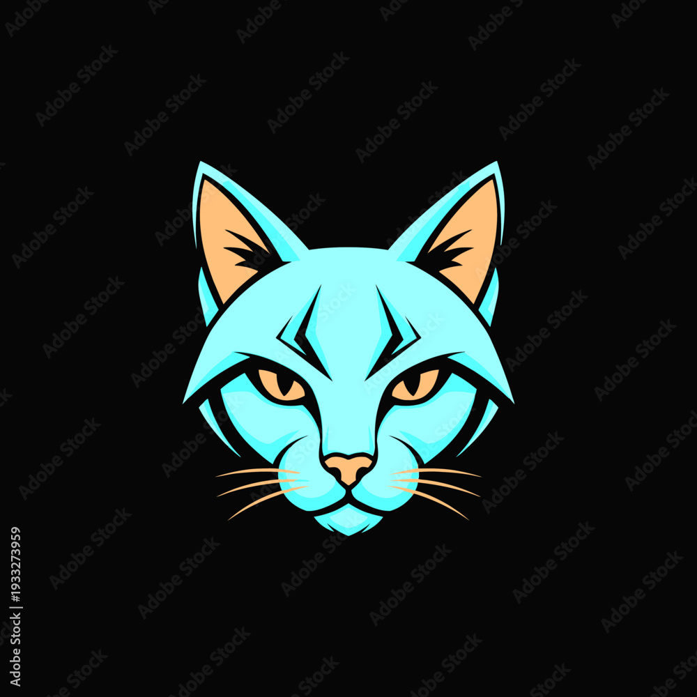 Fototapeta premium Fierce blue cat face illustration with intense eyes on a black background, stylized feline head vector graphic, animal emblem design.