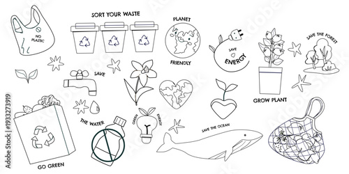 Eco doodle sticker set. Outline eco friendly icons with slogan can used for environment education for kids. Color page with eco elements.