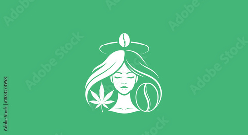 Calm woman vector illustration with cannabis leaf and coffee beans, symbolizing natural relaxation and herbal fusion on a green background.