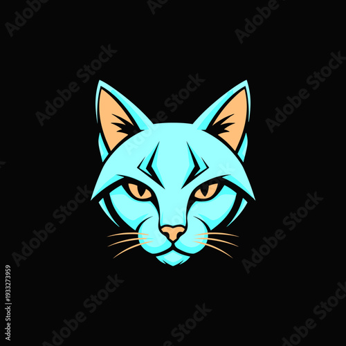 Fierce blue cat face illustration with intense eyes on a black background, stylized feline head vector graphic, animal emblem design.