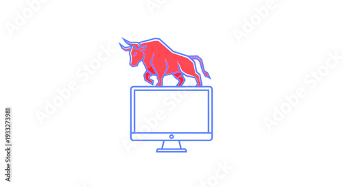 Vibrant red bull standing on a modern desktop computer monitor, representing bullish financial market trends and digital investment.