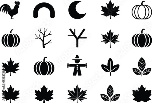 Autumn icon collection with pumpkin maple leaf scarecrow rooster moon and tree silhouettes, black vector fall season set isolated on white background
