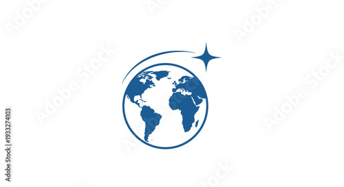 Blue globe with orbiting star icon. Global business, technology, communication, and worldwide progress symbol on white background.