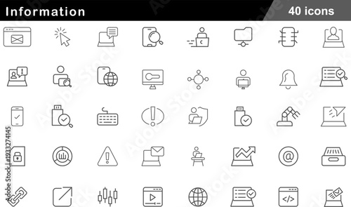 Information Thin Line Icons Set Data Flow, User Access, Digital Communication, Cybersecurity Profiles and Network Connectivity Symbols for Knowledge Management