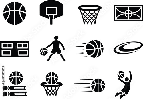 Basketball icon set with ball hoop court player and scoreboard silhouettes, black vector sports collection isolated on white background