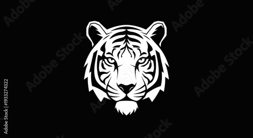 Powerful white tiger head illustration on black background. Majestic wild animal graphic design, symbol of strength and agility.