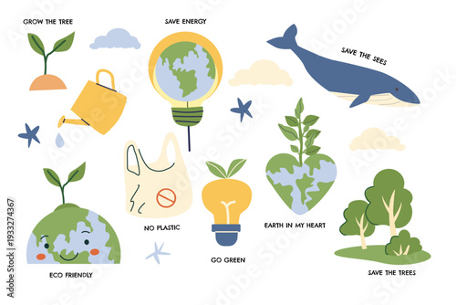 Set of eco friendly stickers with earth planet icons and energy, water, forest, ocean and forest elements. Trendy minimalist eco elements for posters and earth, environment day templates.