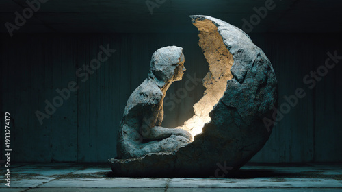 Stone figure emerging from glowing cracked egg