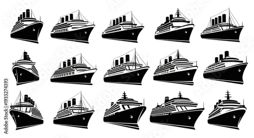 Collection of various detailed black and white cruise ship illustrations.
