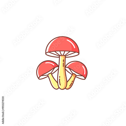 Cute cartoon illustration of three red and yellow mushrooms. Simple stylized fungi group, line art doodle for nature, food, or woodland designs.