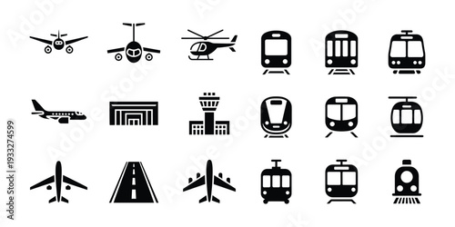 Transportation Icons Collection With Airplanes Trains And Airport Elements Keywords: airplane