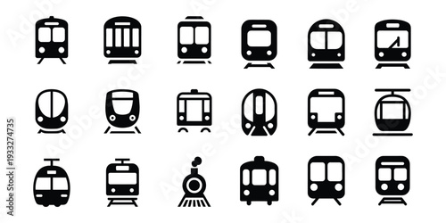 Collection of black train icons on a white background