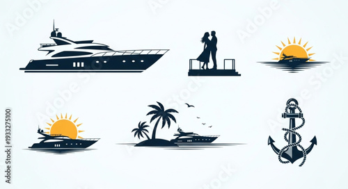 Luxury yacht silhouette on the water with couple and sunset, travel concept.
