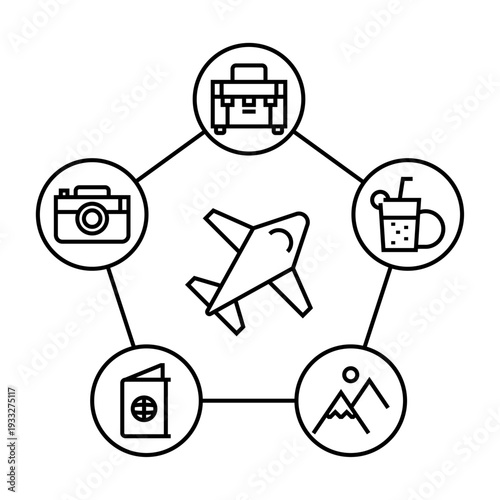 Icono de viaje y turismo. Experiencia turística, planificación vacacional, aventura internacional, exploración global, movilidad aérea. Ilustración vectorial lineal