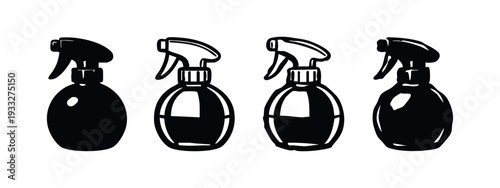 Stylized spray bottle icon set with solid and outline variations, featuring detailed reflections.