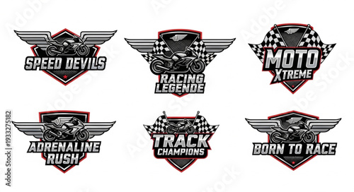 Motorcycle racing team logos with wings and checkered flags, perfect for speed enthusiasts.
