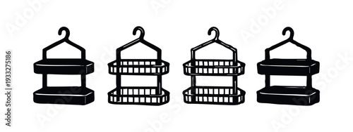 Detailed two-tier shower caddy icons with grated shelves in solid and outline styles.