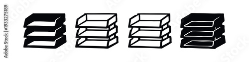 Hand drawn three-tier paper tray icon set for office desk organization and document storage.