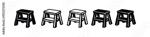 Various Step Stool Icons in Black Silhouette and Outline