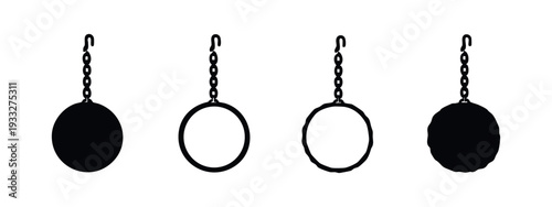 Wrecking Ball Icon Set. Demolition Ball with Chain and Hook Silhouettes for Construction and Destruction Concepts