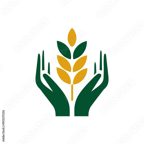 Golden wheat stalk cradled in green hands icon. Symbol of agriculture, organic farming, food production, harvest, growth, and sustainability.