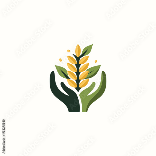 Hands cupping golden wheat stalk illustration, symbolizing agriculture, harvest, natural growth, sustainable farming, and food security.
