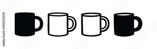 Graphic Set of Hand-Drawn Mugs and Cups, Outline and Silhouette Beverage Icons