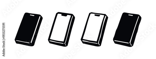 Hand-drawn 3D Isometric Smartphone Icons with Varied Notches, Doodle Mobile Phone Silhouette in Perspective