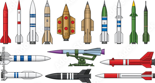 Missile and rocket set military weapon collection vector illustration isolated on light background defense technology concept