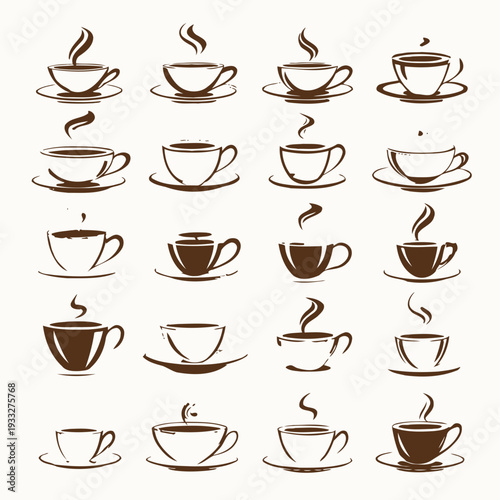 Set of various elegant coffee cups and tea mugs with steam, monochromatic hot beverage drinkware icons collection, vector illustration.